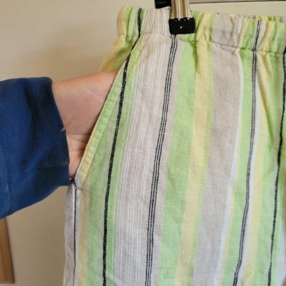 JENNIFER Moore 100% Linen Wide Leg Pant Cropped Tan Green Stripe 8 Petite Medium - Picture 6 of 9
